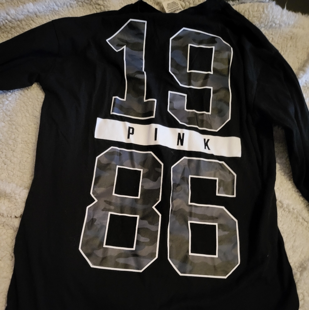 PINK Victoria's Secret Black Long Sleeve Tee with Gray Camo Numbers